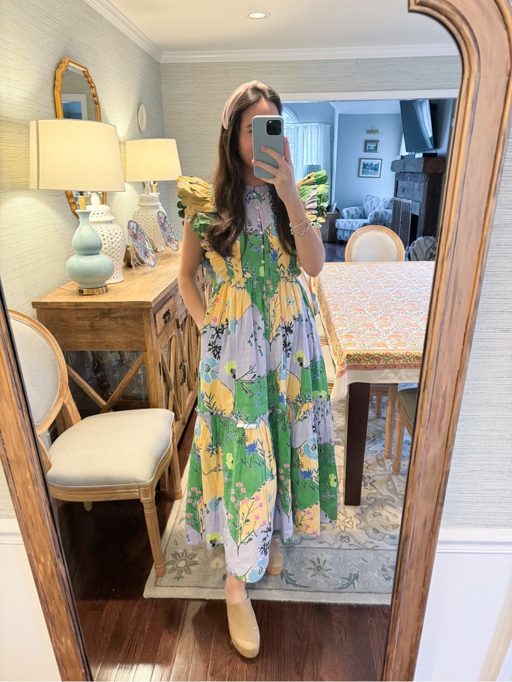 Oliphant Floral Tiered Maxi Dress in Green, Yellow & Lavender